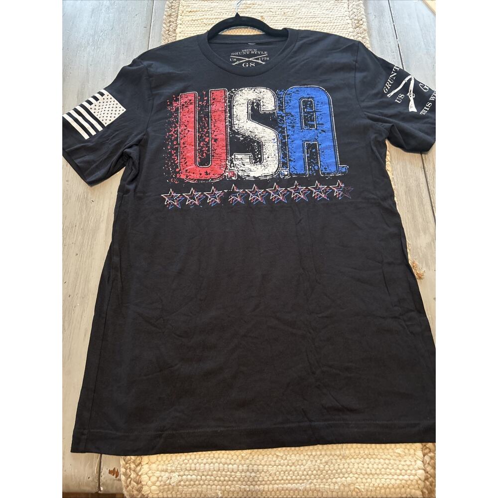 Grunt Style Black USA Red White Blue Women’s T Shirt Sz M Flag Logo
